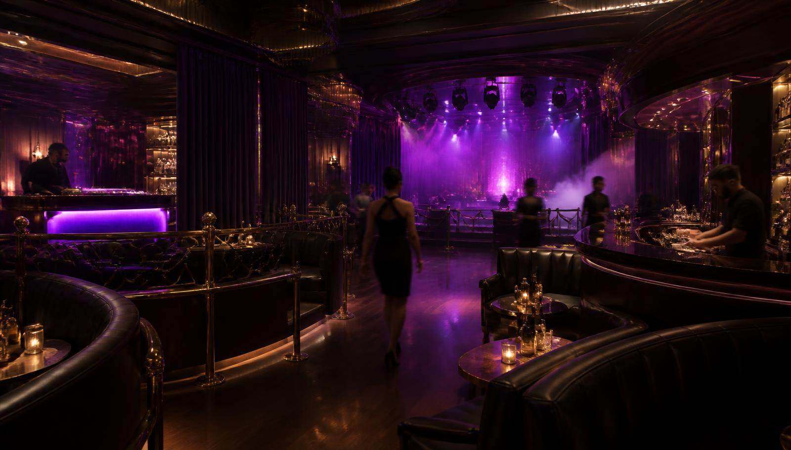 Upscale club floor at night with staff working the room and the stage lit in the background