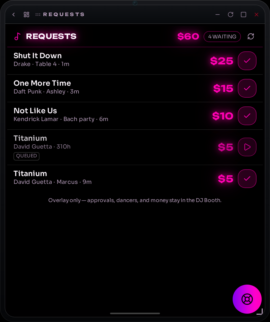YouDJNow always-on-top request overlay showing paid song requests with tip amounts above DJ software