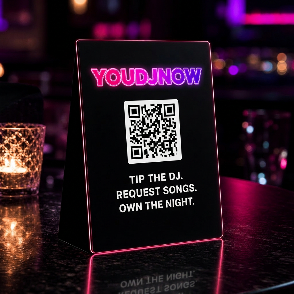 YouDJNow branded table tent with QR code on a nightclub table