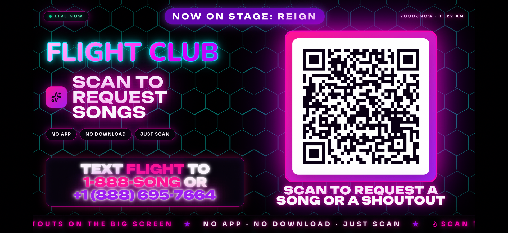 Nightclub TV showing the live YouDJNow queue and shoutouts